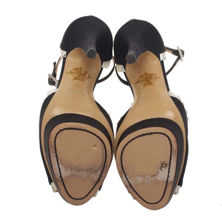 مملوكة مسبقًا Charlotte Olympia Black Satin Masquerade Ankle Strap Platform Sandals Size 38