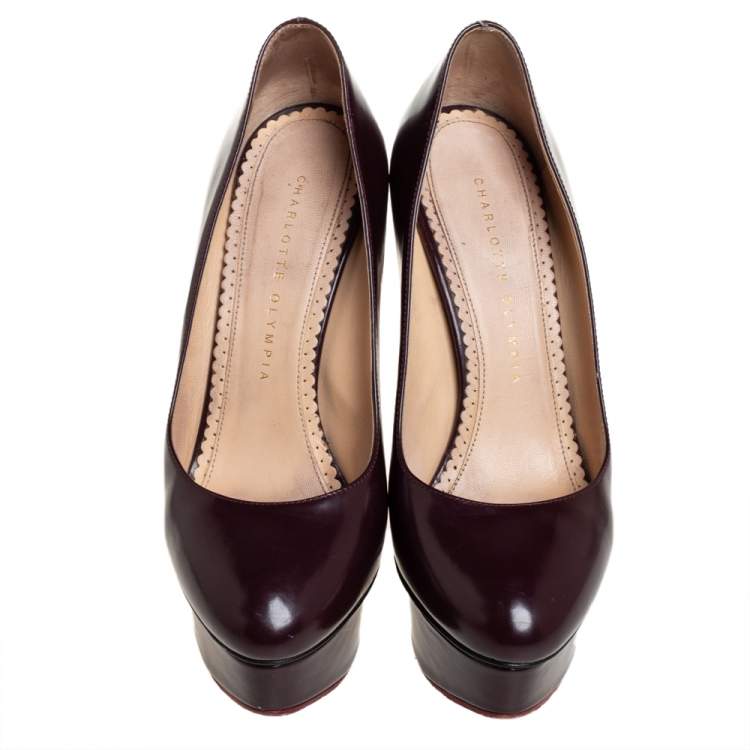 Pre Owned Charlotte Olympia Burgundy Leather Dolly Platform Pumps Size 37