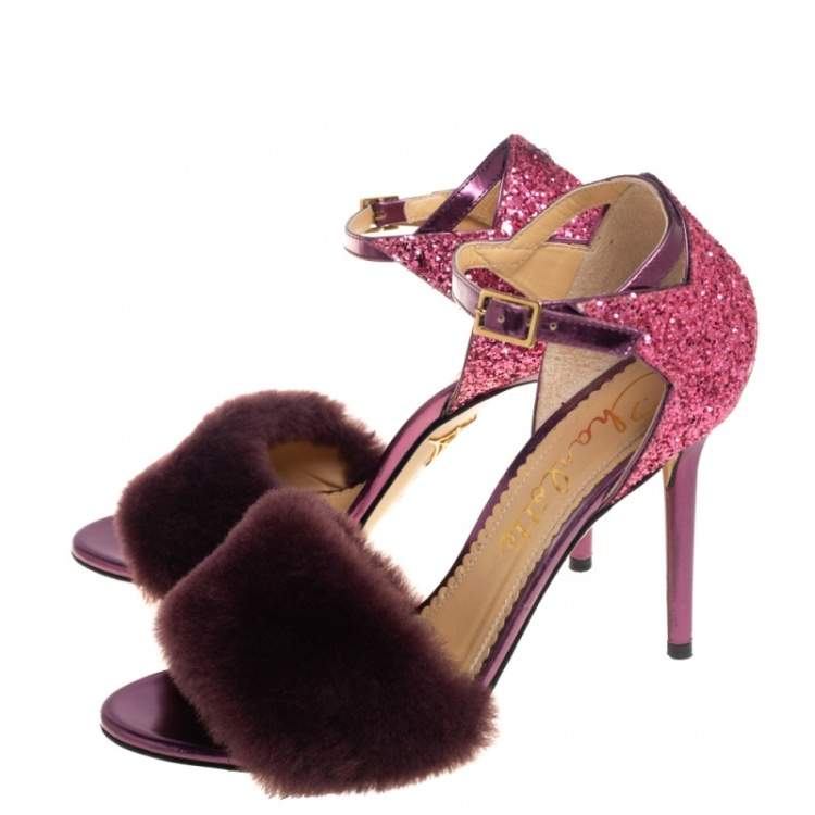 Pre Owned Charlotte Olympia Tricolor Glitters and Fur Capella Sandals Sie 38.5