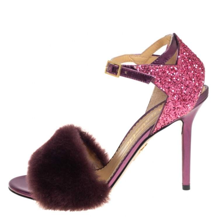 Pre Owned Charlotte Olympia Tricolor Glitters and Fur Capella Sandals Sie 38.5