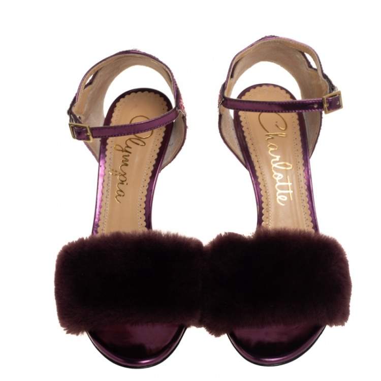 Pre Owned Charlotte Olympia Tricolor Glitters and Fur Capella Sandals Sie 38.5
