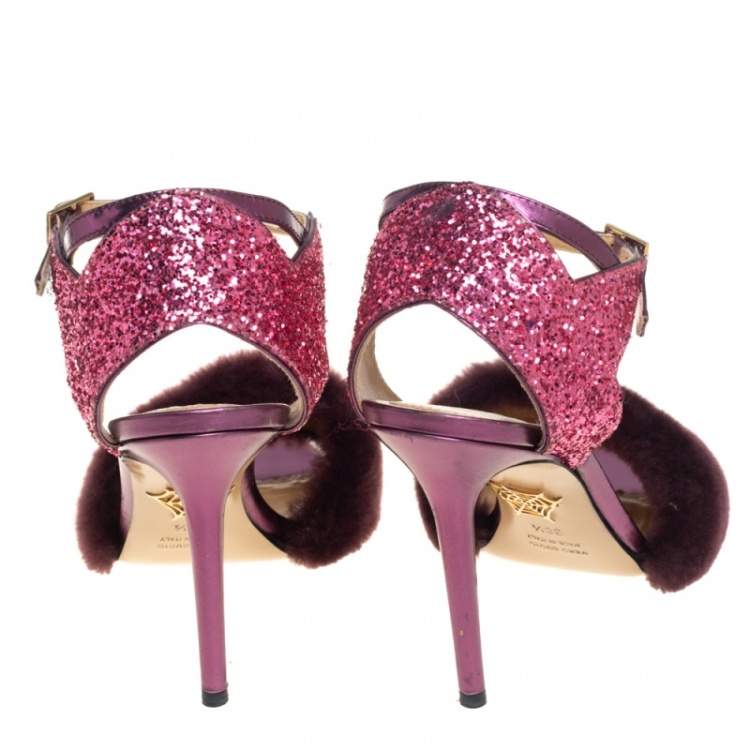 Pre Owned Charlotte Olympia Tricolor Glitters and Fur Capella Sandals Sie 38.5