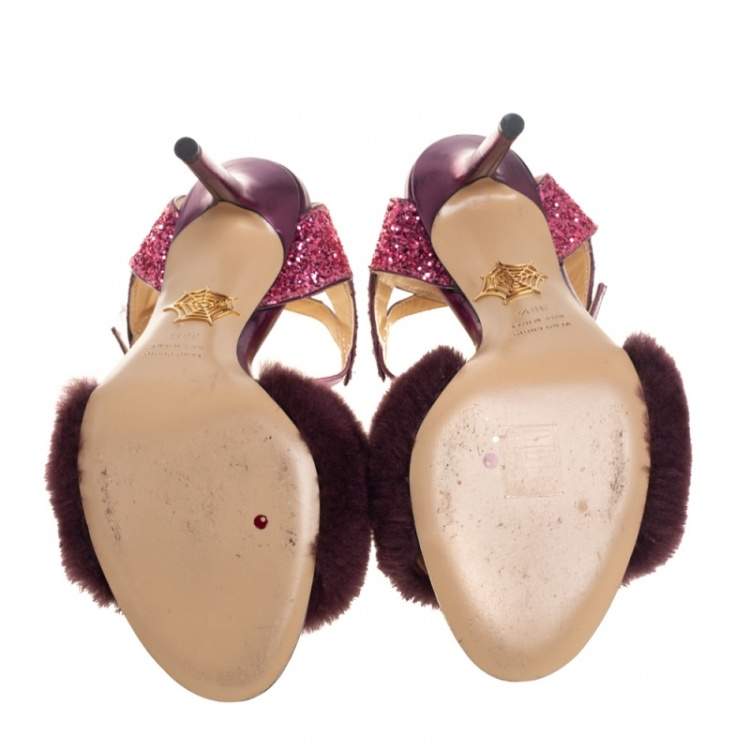 Pre Owned Charlotte Olympia Tricolor Glitters and Fur Capella Sandals Sie 38.5