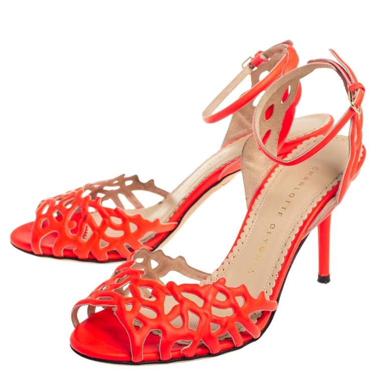 Pre Owned Charlotte Olympia Orange Leather Ankle Strap Sandals Size 36.5
