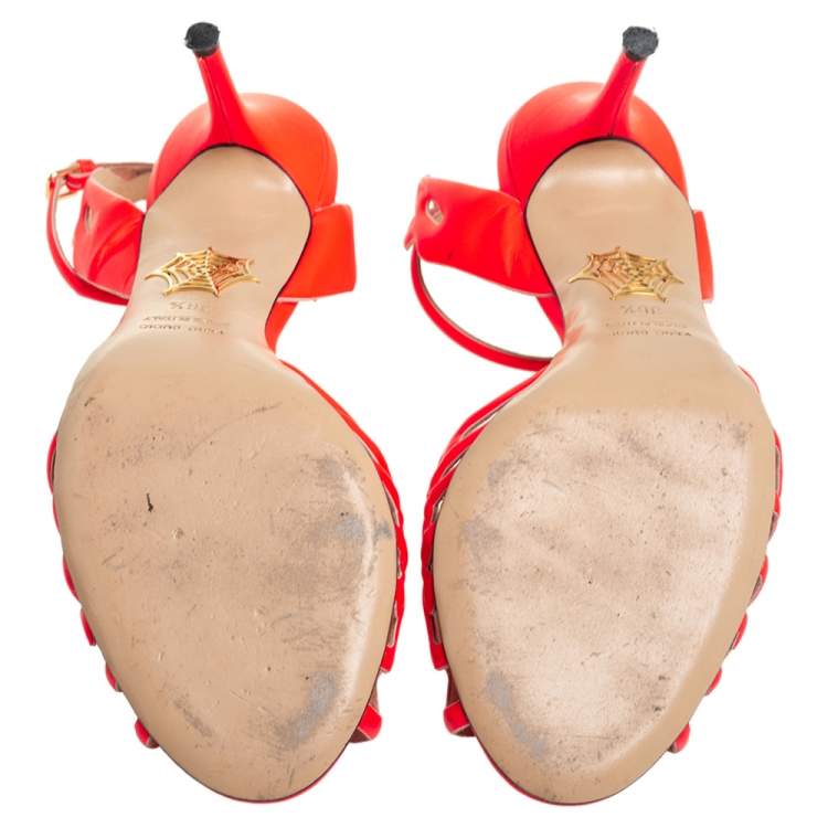 Pre Owned Charlotte Olympia Orange Leather Ankle Strap Sandals Size 36.5