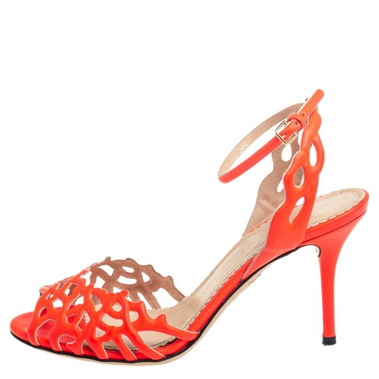 Pre Owned Charlotte Olympia Orange Leather Ankle Strap Sandals Size 36.5