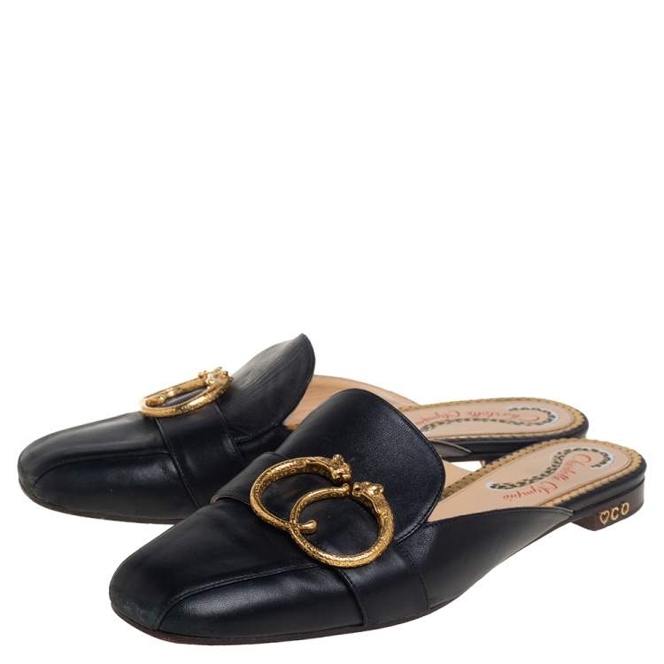 Pre Owned Charlotte Olympia Black Leather Buckle Detail Mules Size 39 
