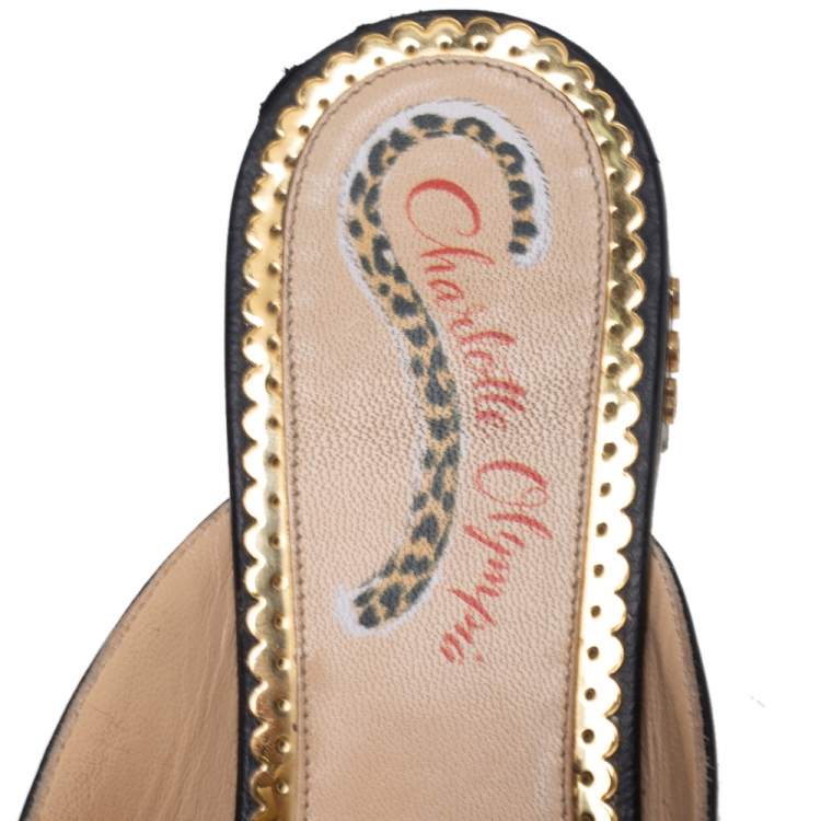 Pre Owned Charlotte Olympia Black Leather Buckle Detail Mules Size 39 