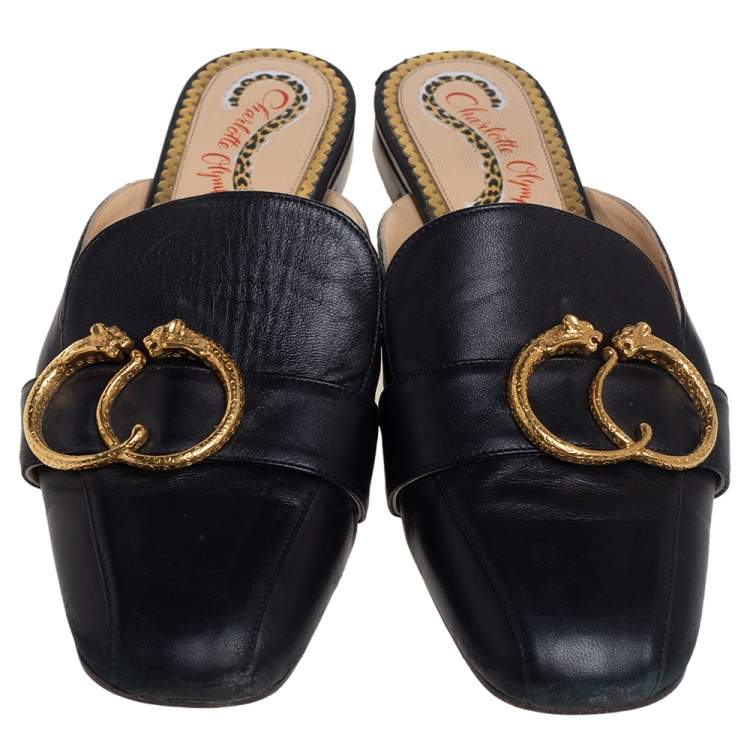 Pre Owned Charlotte Olympia Black Leather Buckle Detail Mules Size 39 