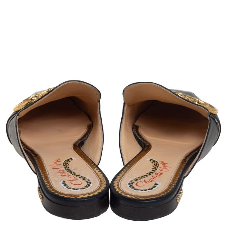 Pre Owned Charlotte Olympia Black Leather Buckle Detail Mules Size 39 