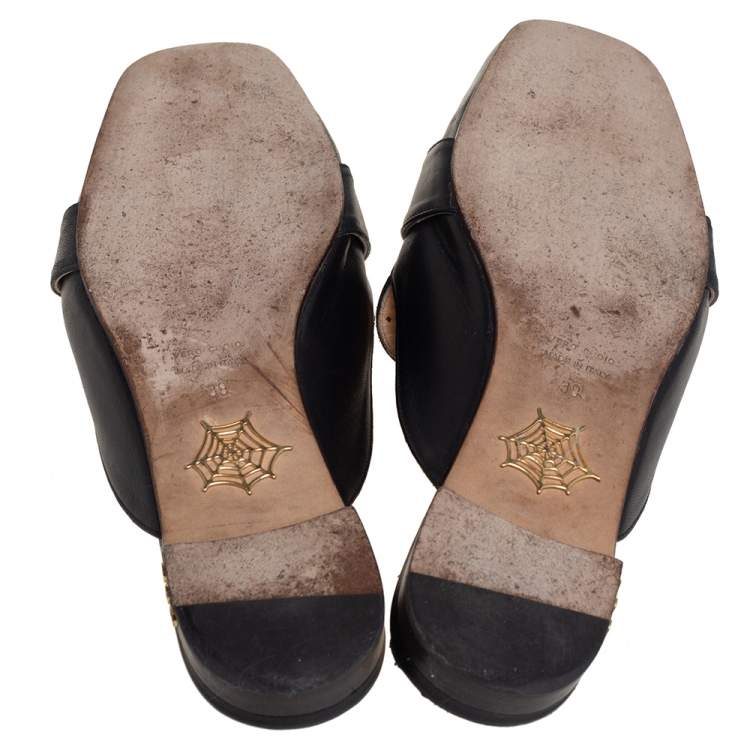 Pre Owned Charlotte Olympia Black Leather Buckle Detail Mules Size 39 