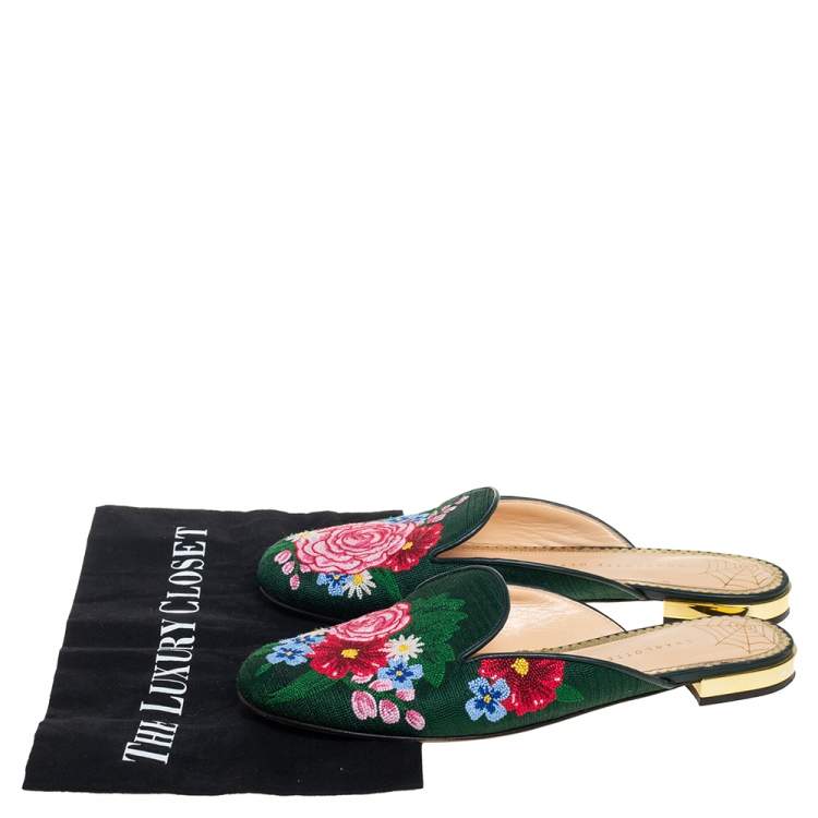Pre Owned Charlotte Olympia Green Canvas Rose Garden Embroidered Sandals Size 39
