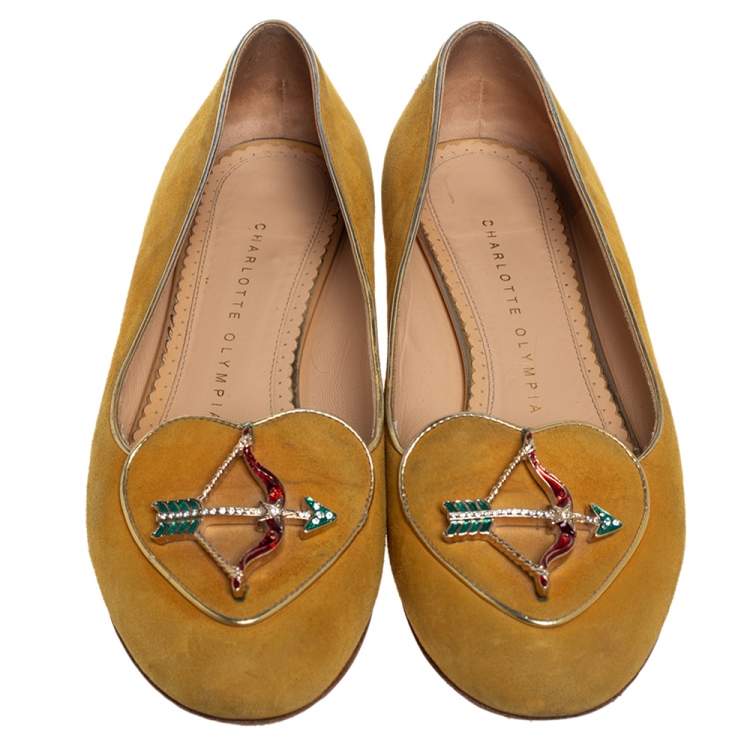 Pre Owned Charlotte Olympia Yellow Suede Ballet Flats Size 36.5