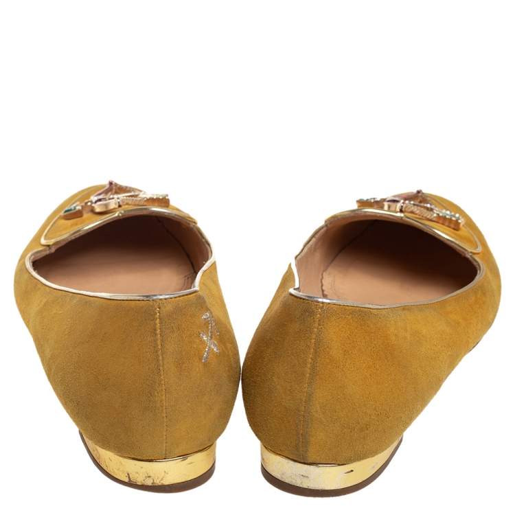 Pre Owned Charlotte Olympia Yellow Suede Ballet Flats Size 36.5