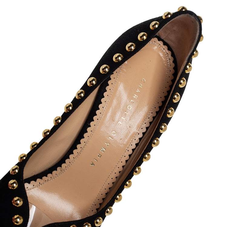 Pre Owned Charlotte Olympia Black Suede Daphne Studded Peep Toe Platform Pumps Size 39.5