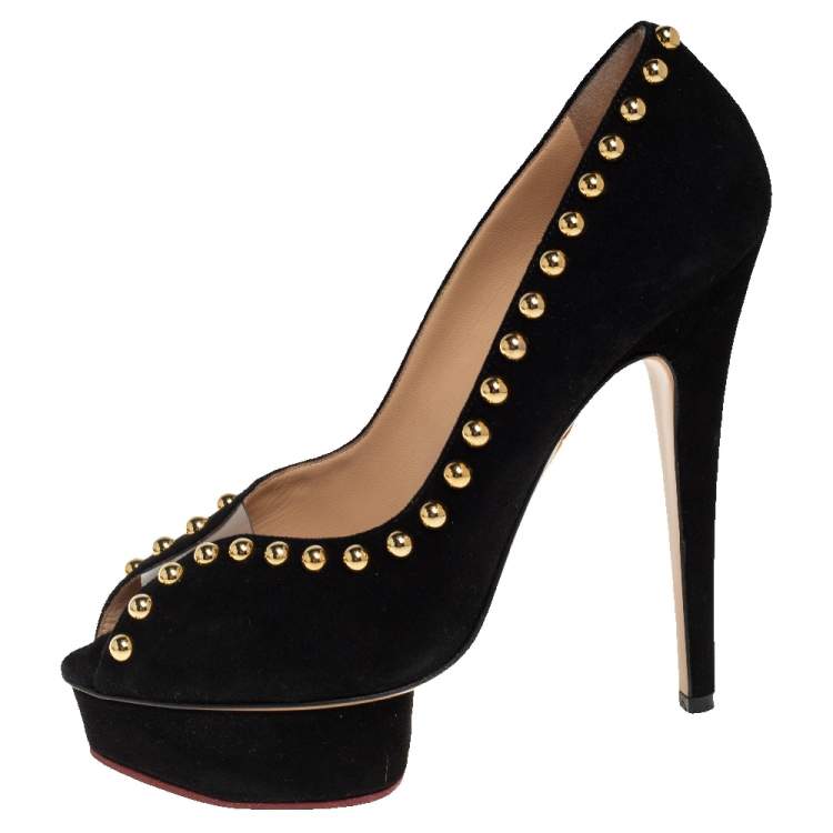 Pre Owned Charlotte Olympia Black Suede Daphne Studded Peep Toe Platform Pumps Size 39.5
