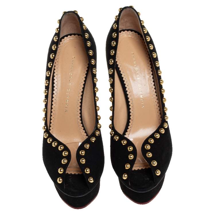 Pre Owned Charlotte Olympia Black Suede Daphne Studded Peep Toe Platform Pumps Size 39.5