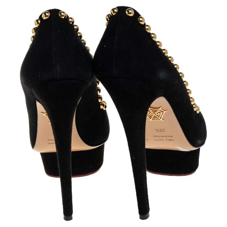 Pre Owned Charlotte Olympia Black Suede Daphne Studded Peep Toe Platform Pumps Size 39.5
