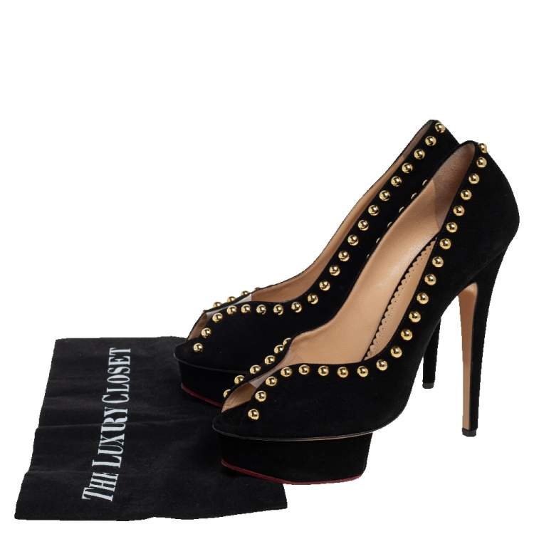 Pre Owned Charlotte Olympia Black Suede Daphne Studded Peep Toe Platform Pumps Size 39.5