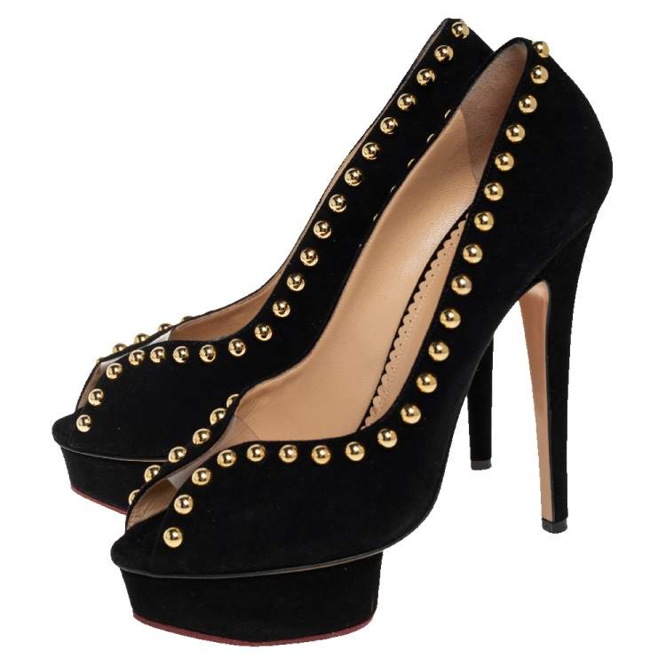 Pre Owned Charlotte Olympia Black Suede Daphne Studded Peep Toe Platform Pumps Size 39.5