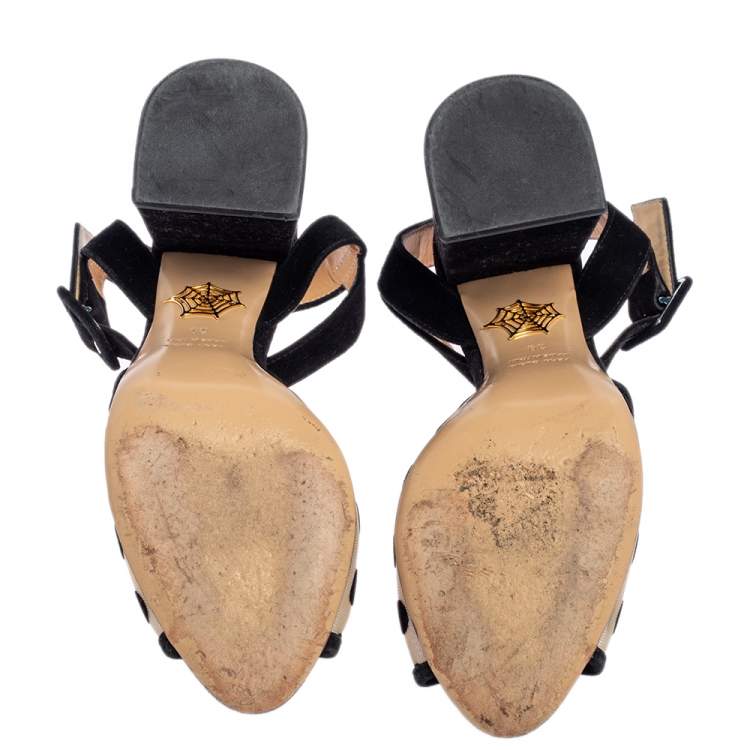Pre Owned Charlotte Olympia Black Mesh And Suede Polka Dot Emma Sandals Size 39