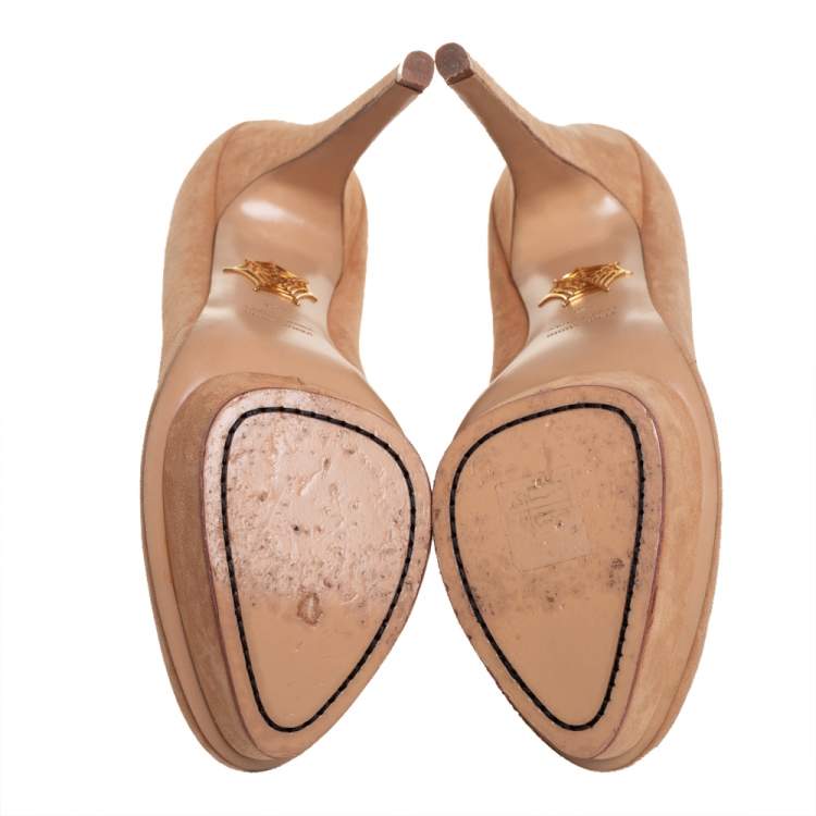 Pre Owned Charlotte Olympia Beige Suede Dolly Platform Pump Size 40
