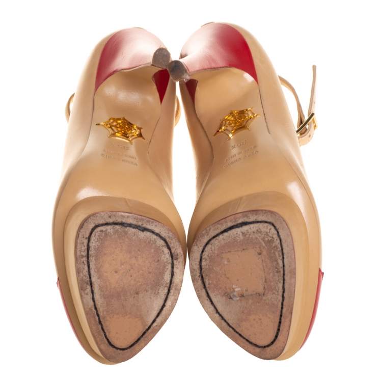 Pre Owned Charlotte Olympia Beige/Red Leather Kiss Me Dolores Lips Appliquè Ankle Strap Platform Pumps Size 35.5