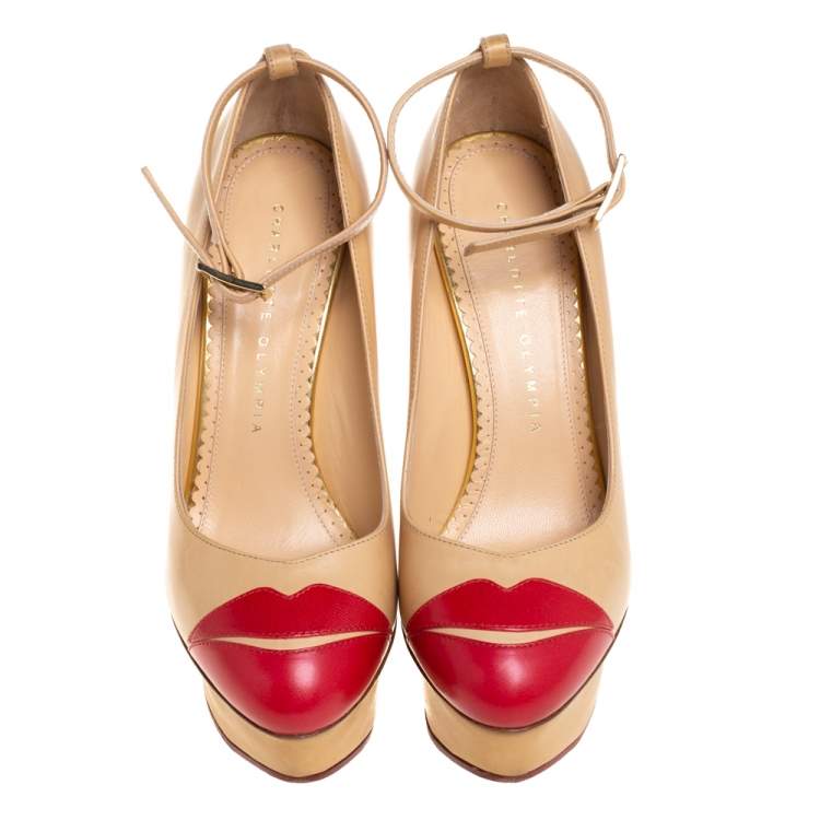 Pre Owned Charlotte Olympia Beige/Red Leather Kiss Me Dolores Lips Appliquè Ankle Strap Platform Pumps Size 35.5