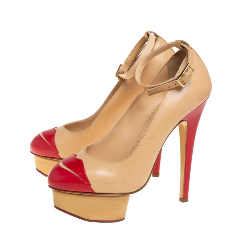 Pre Owned Charlotte Olympia Beige/Red Leather Kiss Me Dolores Lips Appliquè Ankle Strap Platform Pumps Size 35.5