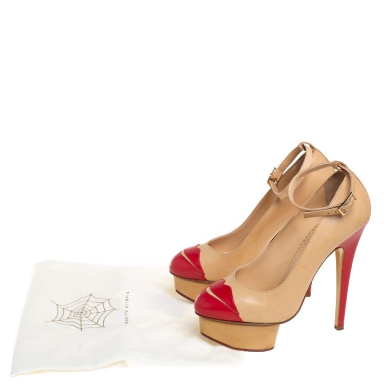 Pre Owned Charlotte Olympia Beige/Red Leather Kiss Me Dolores Lips Appliquè Ankle Strap Platform Pumps Size 35.5