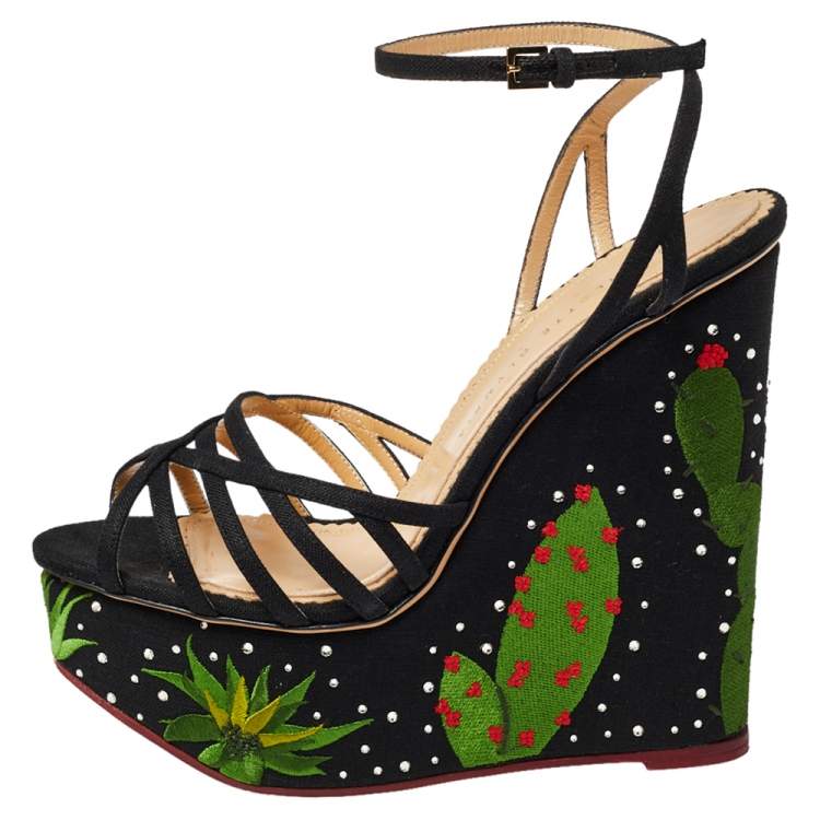 Pre Owned Charlotte Olympia Black Fabric Strappy Wedge Sandals Size 39