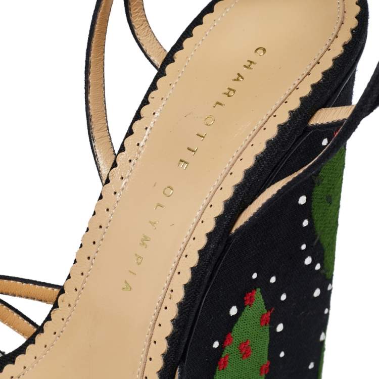 Pre Owned Charlotte Olympia Black Fabric Strappy Wedge Sandals Size 39
