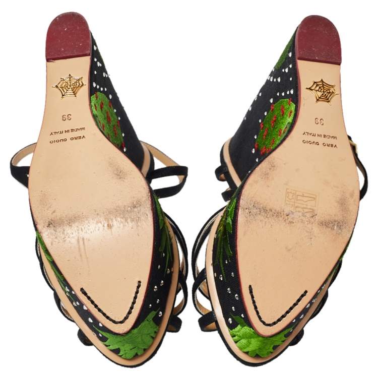Pre Owned Charlotte Olympia Black Fabric Strappy Wedge Sandals Size 39