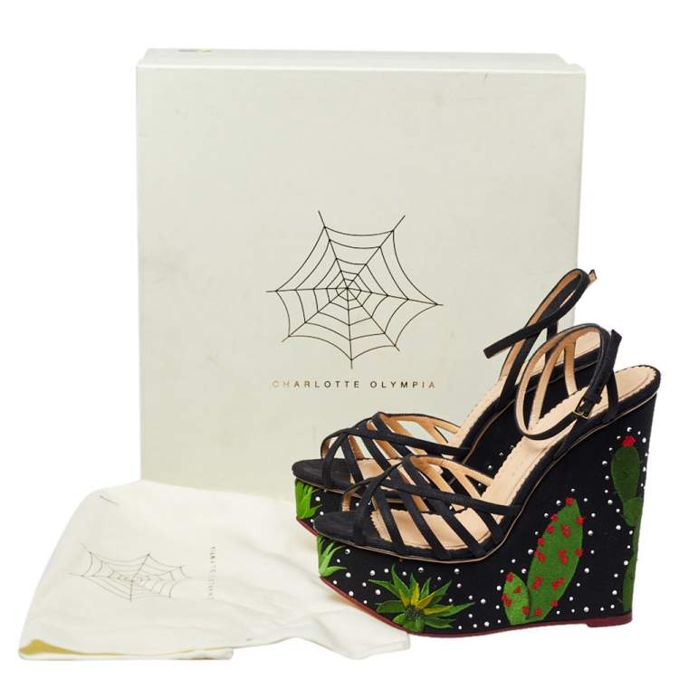 Pre Owned Charlotte Olympia Black Fabric Strappy Wedge Sandals Size 39