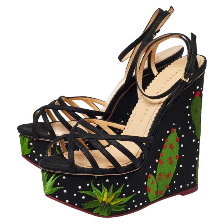 Pre Owned Charlotte Olympia Black Fabric Strappy Wedge Sandals Size 39