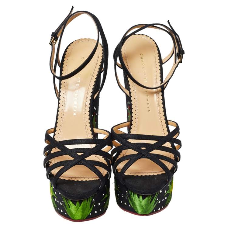 Pre Owned Charlotte Olympia Black Fabric Strappy Wedge Sandals Size 39