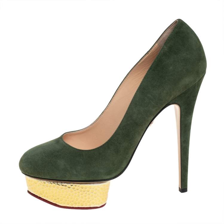 Pre Owned Charlotte Olympia Green Suede Dolly Platform Pumps Size 39