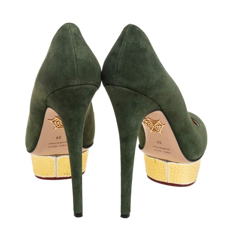Pre Owned Charlotte Olympia Green Suede Dolly Platform Pumps Size 39