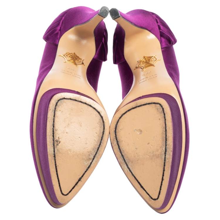Pre Owned Charlotte Olympia Purple Satin Paloma Fan Pleat Platform Pumps Size 38.5