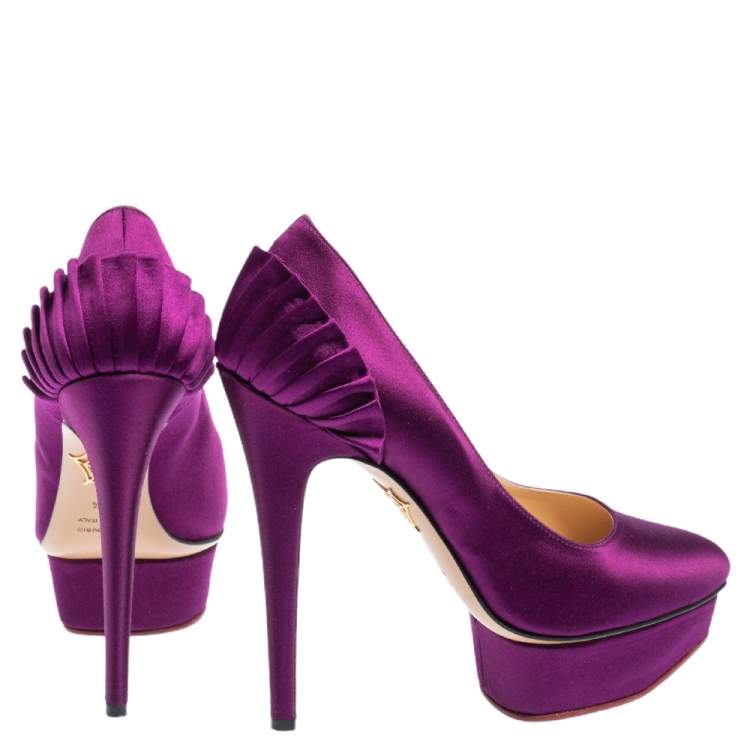 Pre Owned Charlotte Olympia Purple Satin Paloma Fan Pleat Platform Pumps Size 38.5