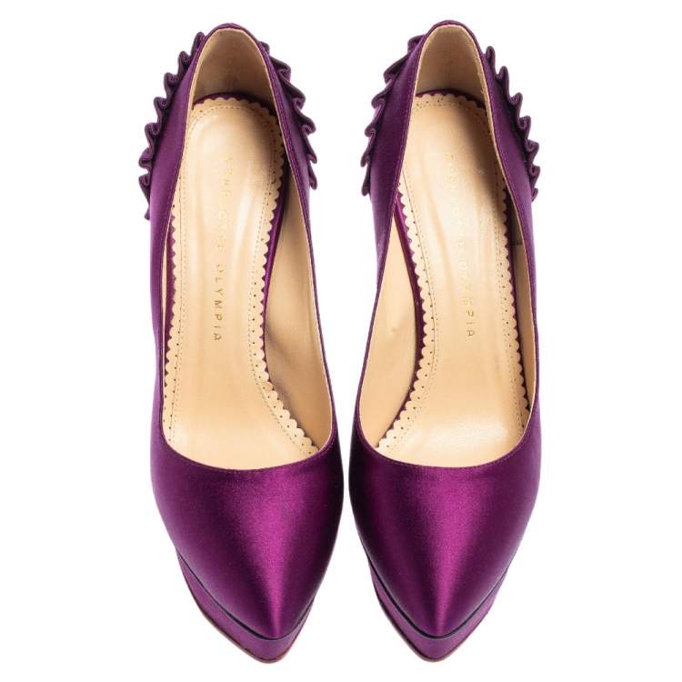 Pre Owned Charlotte Olympia Purple Satin Paloma Fan Pleat Platform Pumps Size 38.5