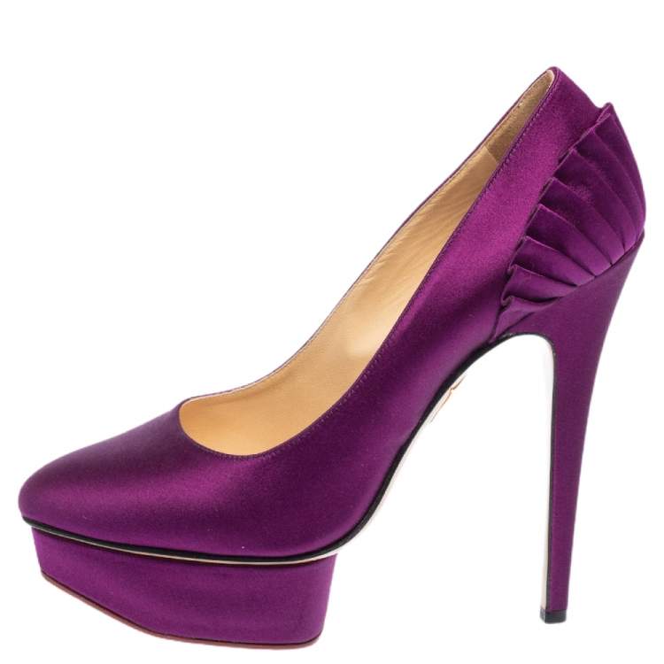 Pre Owned Charlotte Olympia Purple Satin Paloma Fan Pleat Platform Pumps Size 38.5