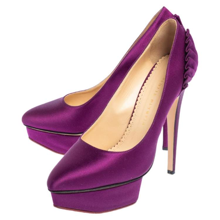 Pre Owned Charlotte Olympia Purple Satin Paloma Fan Pleat Platform Pumps Size 38.5