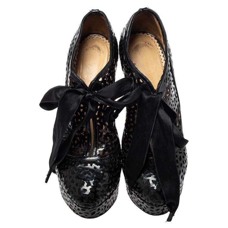 Pre Owned Charlotte Olympia Black Leather Cutout Ankle Length Booties Size 37