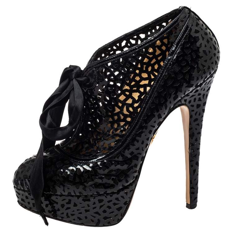 Pre Owned Charlotte Olympia Black Leather Cutout Ankle Length Booties Size 37