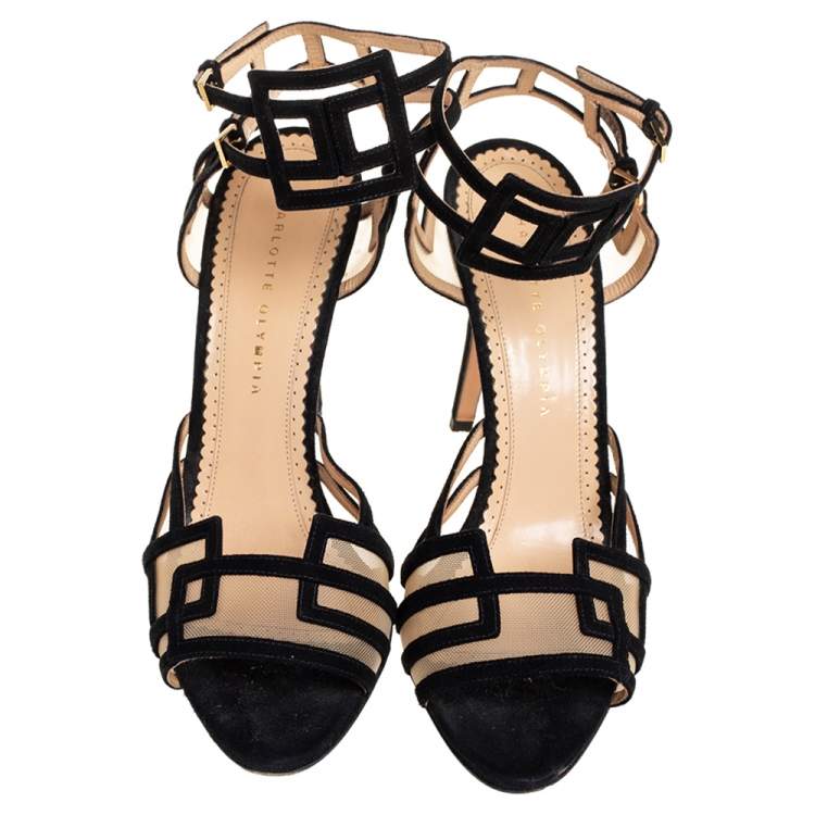 Pre Owned Charlotte Olympia Black Suede and Mesh Between The Lines Ankle Strap Sandals Size 41