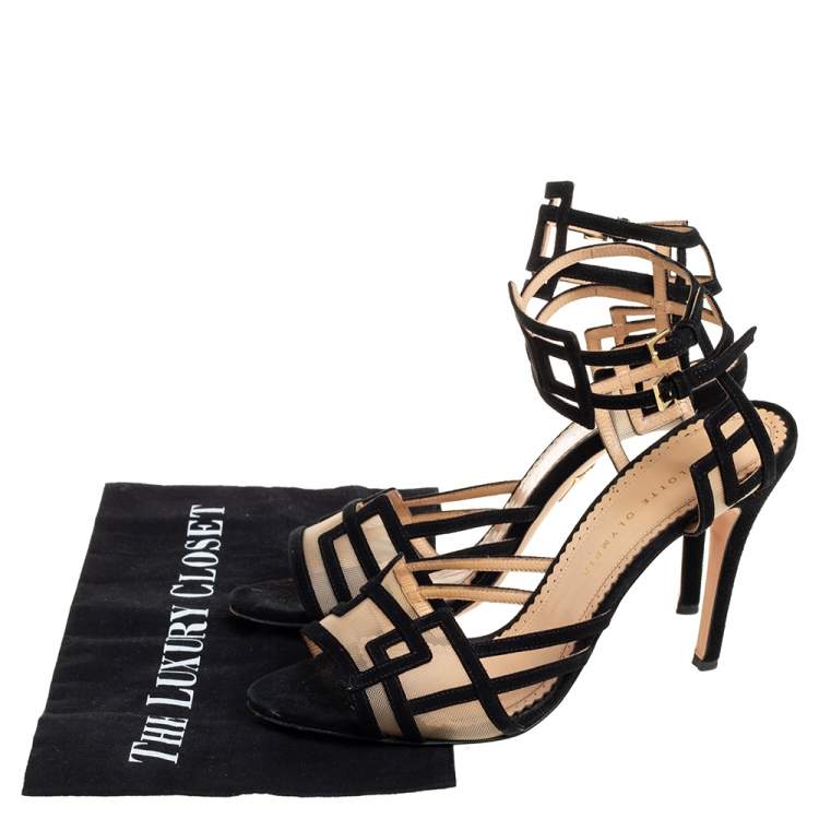 Pre Owned Charlotte Olympia Black Suede and Mesh Between The Lines Ankle Strap Sandals Size 41