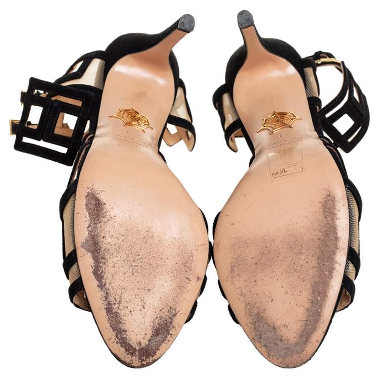 Pre Owned Charlotte Olympia Black Suede and Mesh Between The Lines Ankle Strap Sandals Size 41