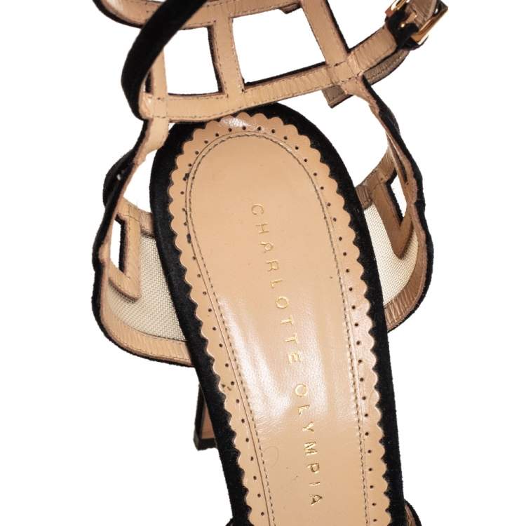 Pre Owned Charlotte Olympia Black Suede and Mesh Between The Lines Ankle Strap Sandals Size 41
