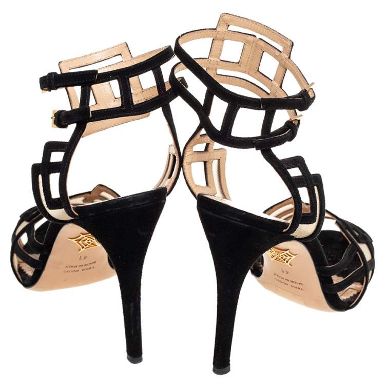 Pre Owned Charlotte Olympia Black Suede and Mesh Between The Lines Ankle Strap Sandals Size 41